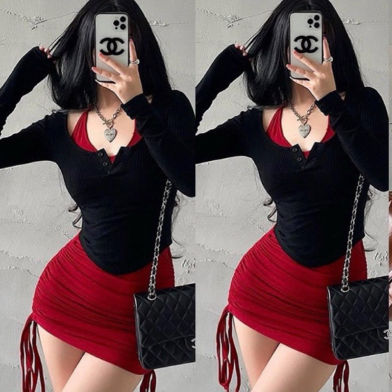 Sét Đầm body cột dây và áo tay dài