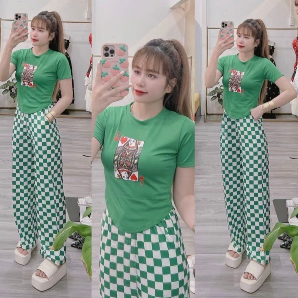 Đồ Bộ Nữ Bigsize Quần Ống Suông Cạp Cao Áo Chéo Lưng ESHOP Thun Cotton Quần Gân Form Rộng DB37