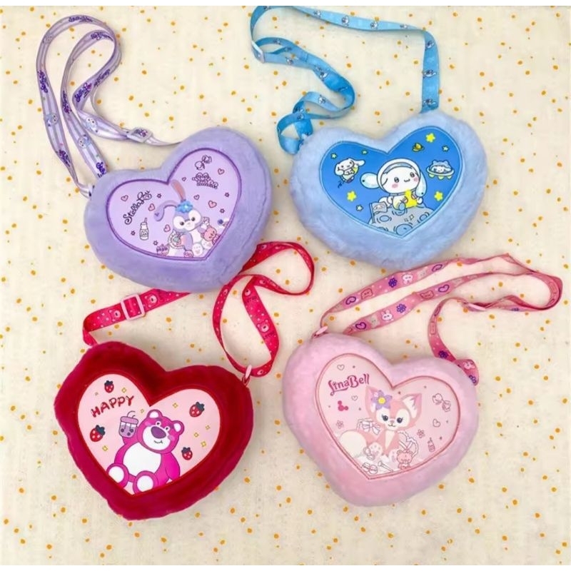 Túi đeo chéo nữ, bé gái mini hình trái tim nhồi bông in hoạt hình gấu dâu, kuromi, linabell, stella dễ thương