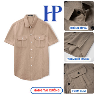 Áo sơ mi nam cộc tay SM02 Hoàng Phúc chất đũi cao cấp trơn form slim văn phòng