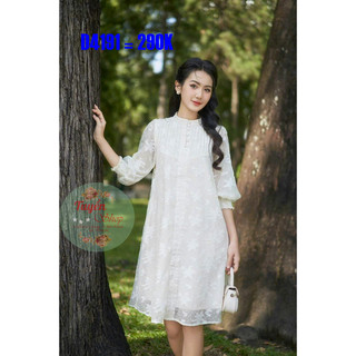 Đầm suông ren cổ cao tay lỡ