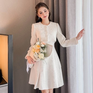 Set dạ kèm áo khoác croptop Đầm váy trắng đi tiệc cổ bèo (2 lớp), váy cô dâu cổ cánh tiên tiểu thư_Deloga