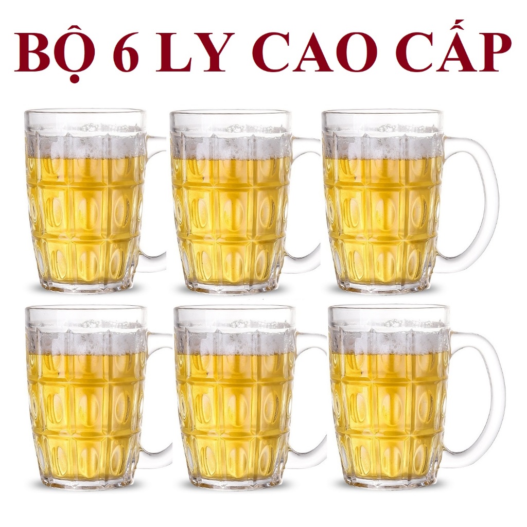 Bộ 6 Ly Uống Bia Thuỷ Tinh Có Quai Cao Cấp - Thể Tích 390ML