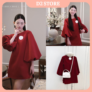 Váy nhung nữ váy đầm nữ dáng suông tay bồng đính hoa cổ trắng freesize
