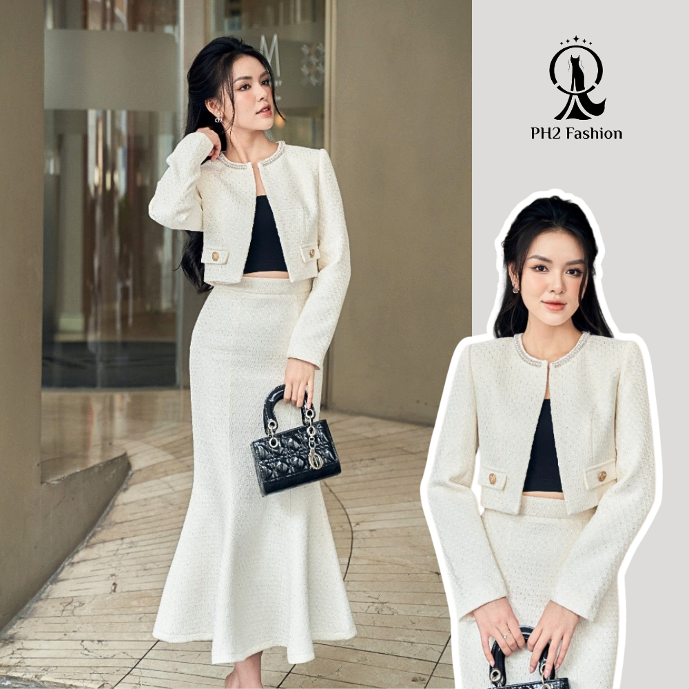 Set váy dạ tweed cao cấp gồm chân váy đuôi cá và áo khoác phối viền ngọc kèm áo ôm quây