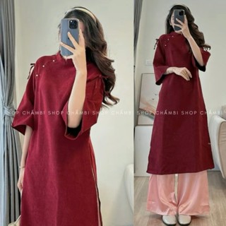 Set áo dài nhung trơn cách tân vintage kèm quần suông mềm 3 màu