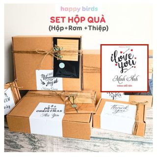 Hộp đựng quà viết tên theo yêu cầu kèm thiệp rơm in tên carton nắp gài giấy kraft quà sinh nhật giáng sinh HappyBirds