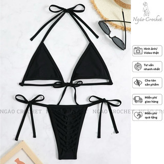 Bộ bikini 2 mảnh cut-out lộ chân ngực buộc dây vải thun co dãn phong cách sexy gợi cảm