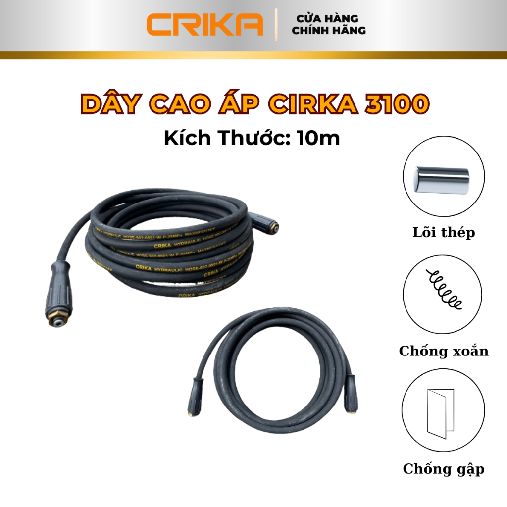 Dây rửa xe cao áp CRIKA CR3100pro dây cao áp máy rửa xe công nghiệp 10m dây- Áp lực cao, lõi thép chính hãng cực bền, lo