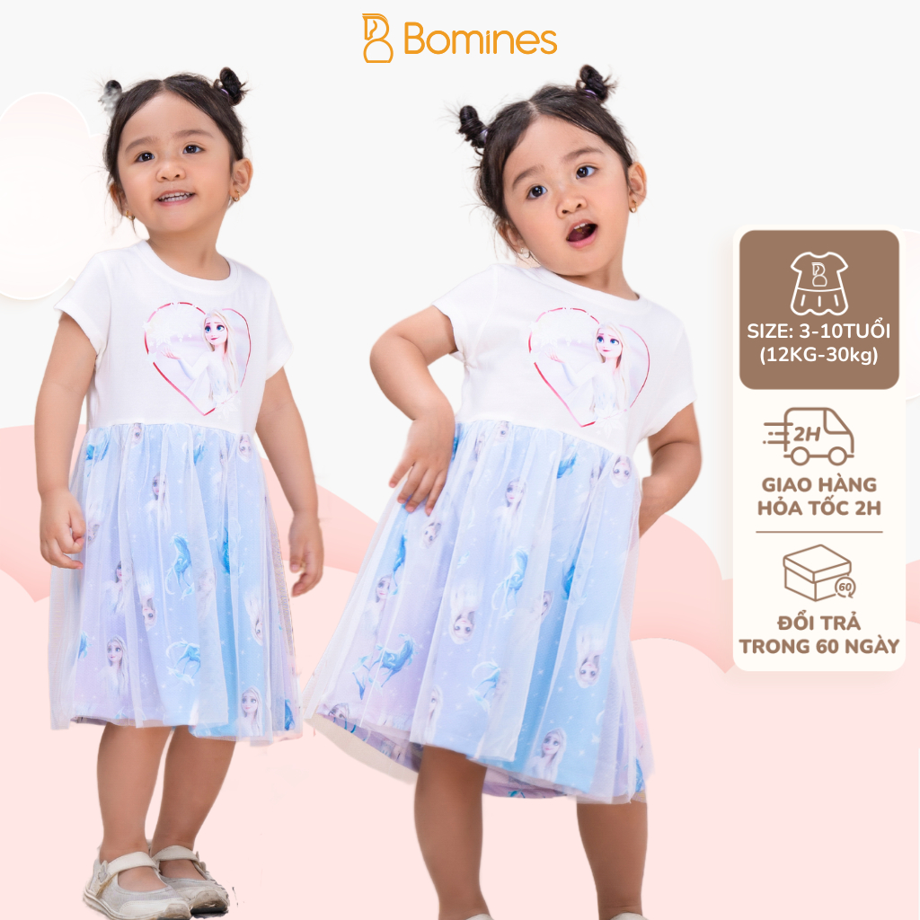 Váy bé gái công chúa Elsa BOMINES họa tiết xinh xắn cho bé 3-10 tuổi khoảng 12- 30kg DTNELSATRAITIM3D