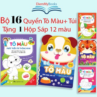 Sách- Bộ 16 Quyển Tập Tô Màu Dành Cho Bé Mẫu Giáo Mầm Non Song Ngữ Anh Việt Từ 3 4 5 Tuổi Tặng Kèm 1 Hộp sáp 12 Màu+Túi