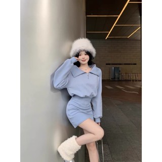 (ORDER) Váy nỉ cổ bẻ POLO màu xanh nhạt thon eo ôm mông giả 2 mảnh style năng động gợi cảm