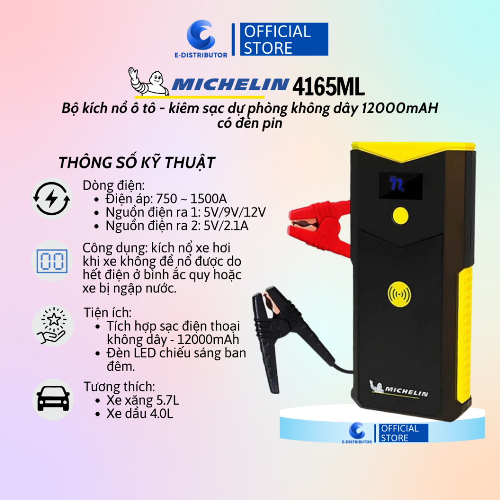 Bộ kích bình ô tô 750A - 1500A có sạc dự phòng 12000 mAh và đèn pin Michelin 4165ML - Hàng chính hãng