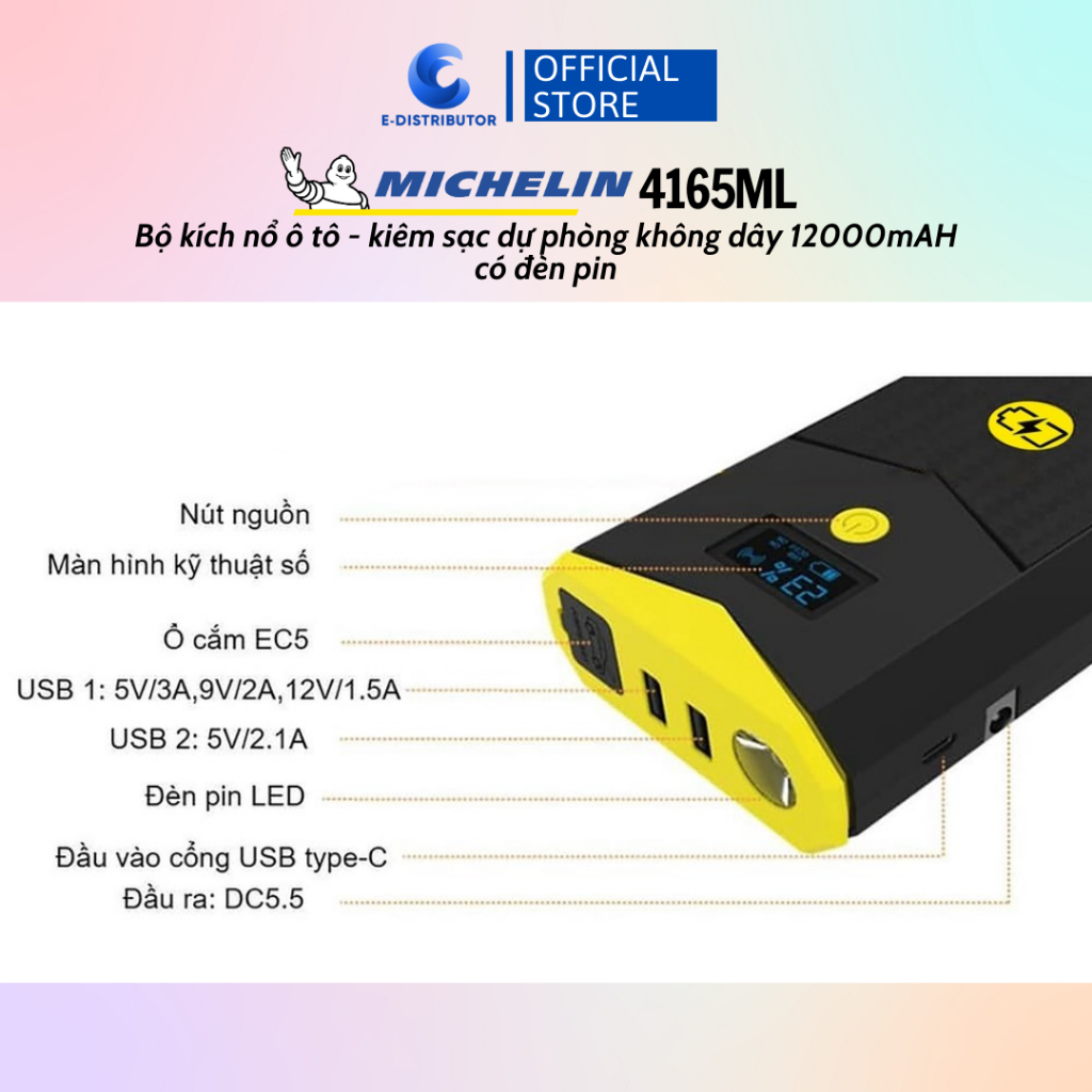 Bộ kích bình ô tô 750A - 1500A có sạc dự phòng 12000 mAh và đèn pin Michelin 4165ML - Hàng chính hãng