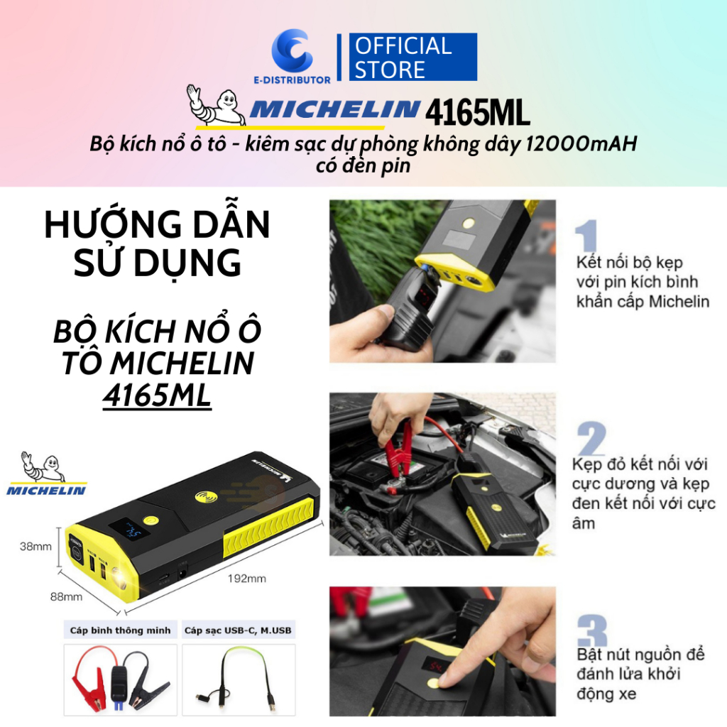 Bộ kích bình ô tô 750A - 1500A có sạc dự phòng 12000 mAh và đèn pin Michelin 4165ML - Hàng chính hãng