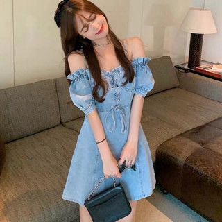 [SẴN/giao ngay] Đầm denim jeans đầm 2 dây trễ vai xinh xắn phong cách ulzzang SAM SAM BOUTIQUE