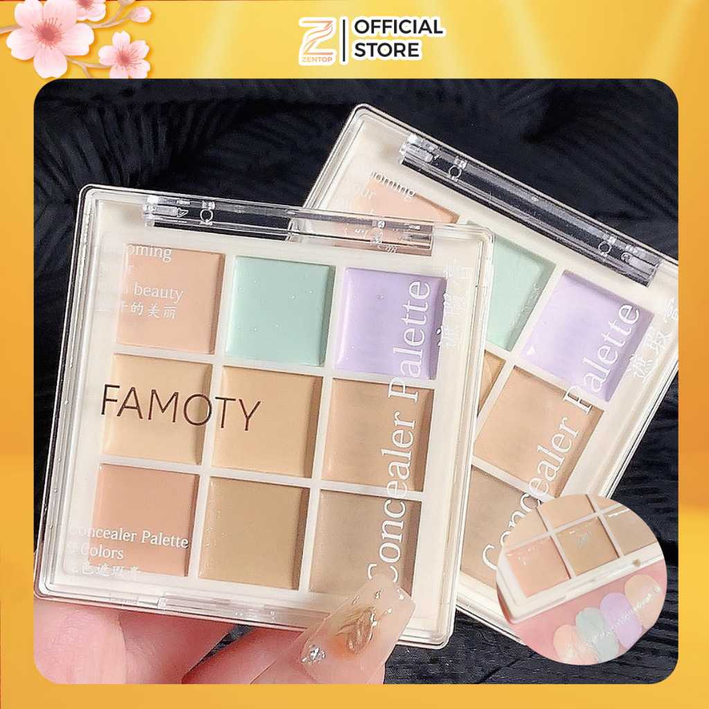 Kem Che Khuyết Điểm 9 Ô Famoty Xanh Che Mụn Đỏ Tím Đều Màu Da Độ Che Phủ Cao Chống Thấm Nước Giữ Màu Lâu Trôi Zentop
