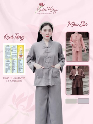 Bộ pháp phục nữ đi lễ chùa, bộ bà lai thiền trơn nút vải chất lụa trượt nhật - pháp phục xuân hồng