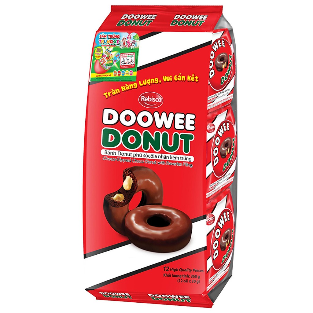 Bánh Donut Doowee Phủ Sôcôla Nhân Kem Trứng (Gói 12 cái)