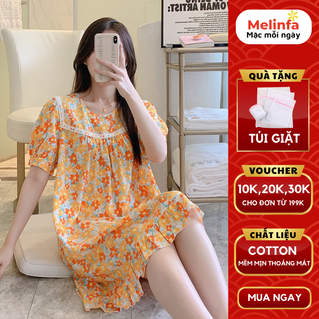 Váy đầm ngủ mặc nhà, áo ngủ ngắn tay phối ren vải Cotton tự nhiên mềm mại thoáng mát măc mùa hè mã VAV0468