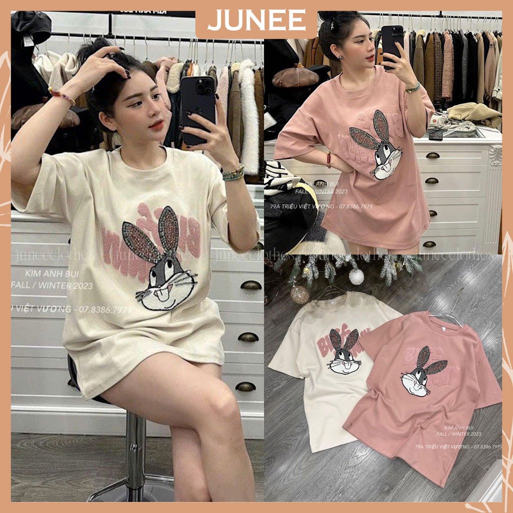 Áo Phông Nữ Thỏ Bunny Hình Thêu Đáp Lông Đính Đá Chất Cotton L1 Áo Thun Nữ Dáng Rộng Freesize B401292