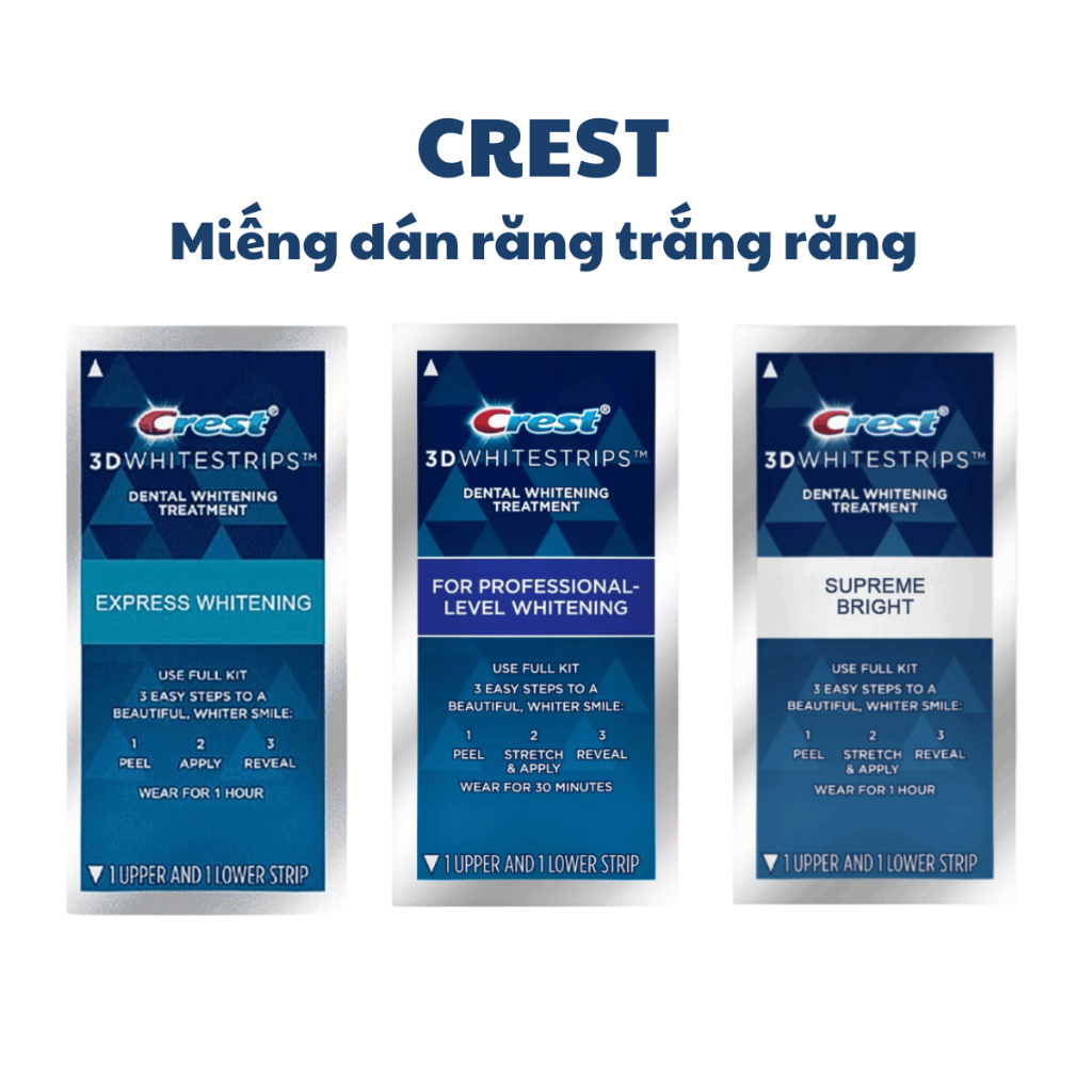 Miếng Dán Trắng Răng Crest 3D Mỹ Whitestrips Supreme Bright/Sensitive/Vivid
