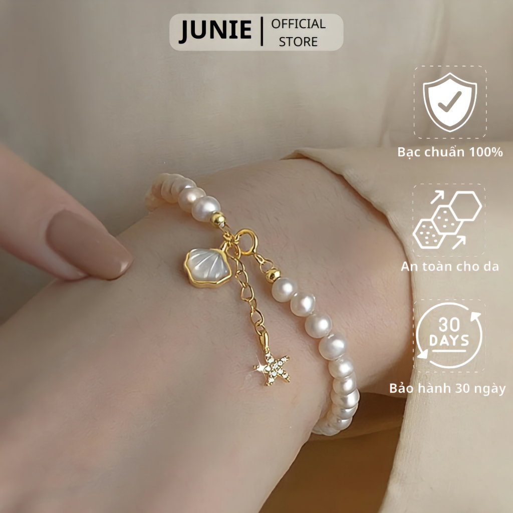 Vòng Tay Ngọc Trai JUNIE Bạc Mạ Vàng Mặt Vòng Vỏ Sò Tinh Xảo Thanh Lịch B-ANGELA