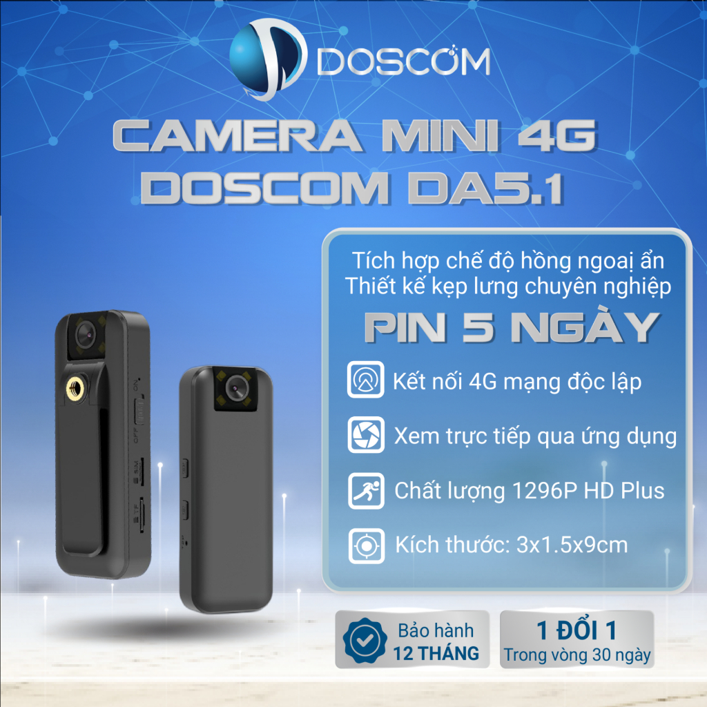 Camera 4G Mini Doscom DA-5.1 Full HD 1296P Góc Siêu Rộng, Hỗ Trợ Tầm Nhìn Đêm - Tặng Kèm Sim 4G Không Giới Hạn