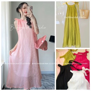 2 LỚP | Váy yếm tơ mềm cột nơ cổ form midi xoè A nhiều màu trendy siêu cưng