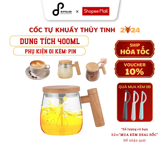 Cốc Tự Khuấy Thủy Tinh Đa Năng Thông Minh DIPOLAR Pha Cà Phê Trà Dung Tích 400ml - DCTK02