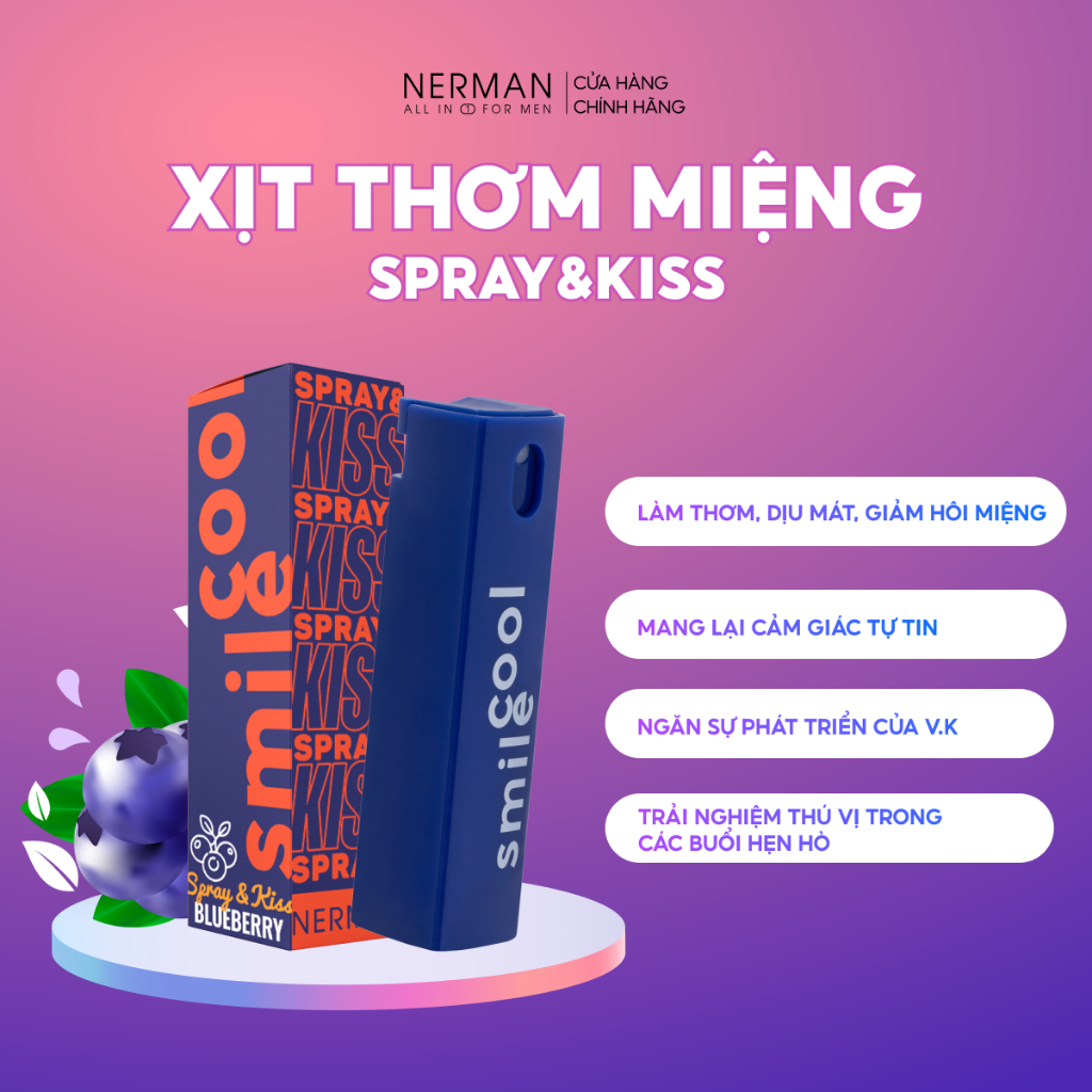 Xịt thơm miệng Nerman Spray & Kiss vị kẹo hoa quả bạc hà the mát cho nam nữ chai 10ml