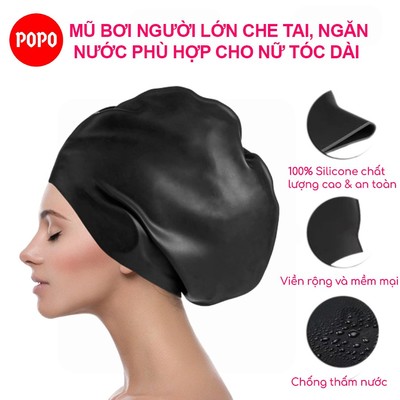 Mũ bơi trơn silicone size lớn POPO CA63 ngăn nước tuyệt đối, chùm tai, dành cho phụ nữ tóc dài