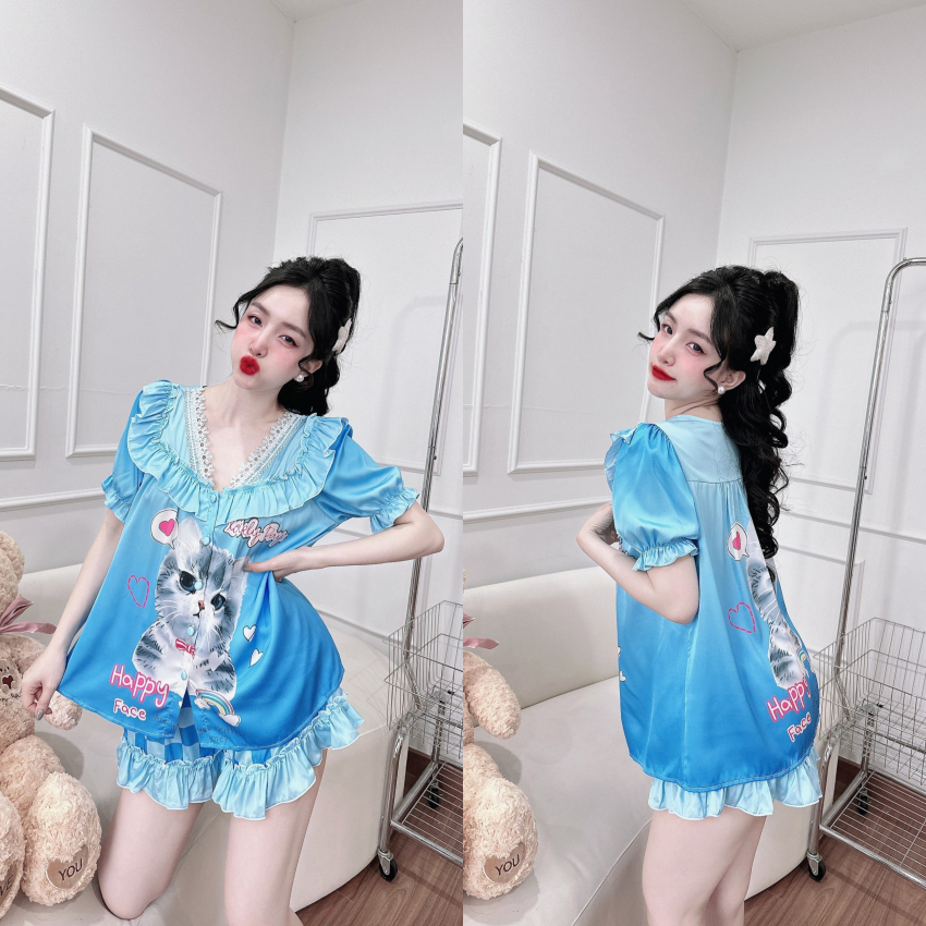 Đồ ngủ nữ bộ lụa mặc nhà dễ thương chất lụa cao cấp thoáng mát.