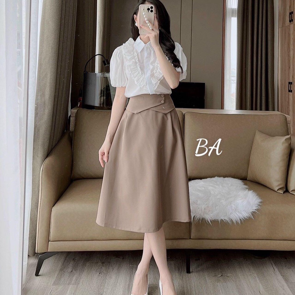 Chân váy công sở dáng dài lưng cao xòe nhẹ có túi 2 bên sườn xòe vạt bụng phối 2 cúc ốp d68cm Susuclothing