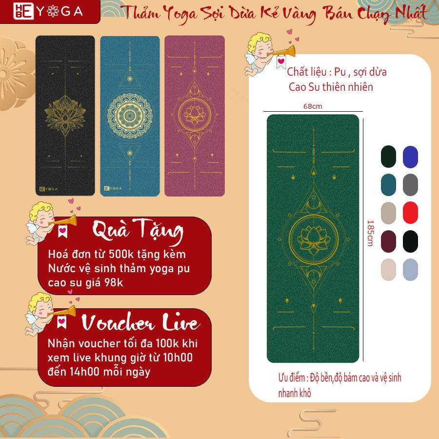 Thảm Tập Yoga Định Tuyến YOGA HBE Xơ Dừa Pu Cao Su Bronzing Hoa Văn Moon Star 5mm Kèm Túi