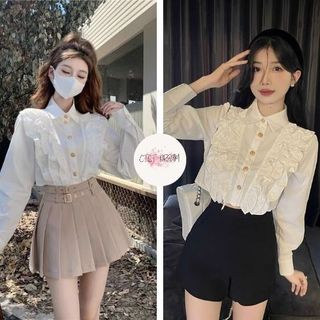 Áo sơ mi cúc đồng viền ren ngực dài tay tiểu thư bánh bèo