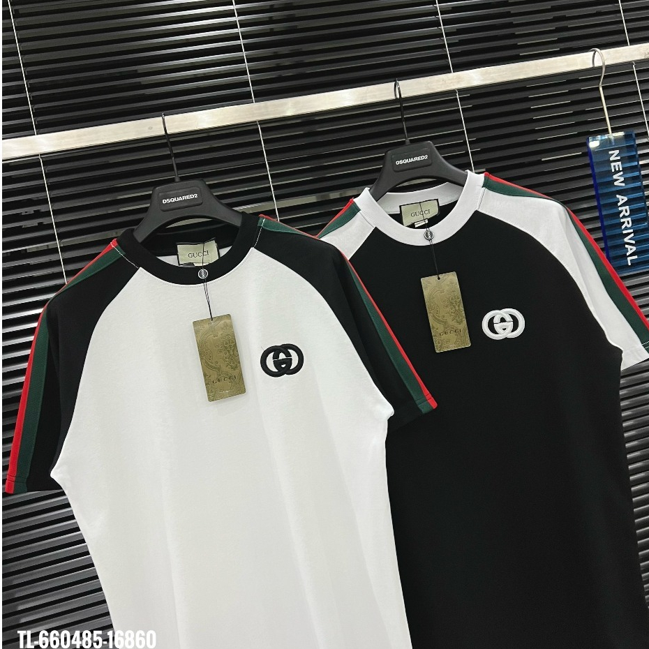 Áo Thun GC Logo Thêu Phối Tay Lệch Màu Kẻ Xanh Đỏ - Áo Phông Boy Phố Dày Dặn Phong Cách Hot Trend