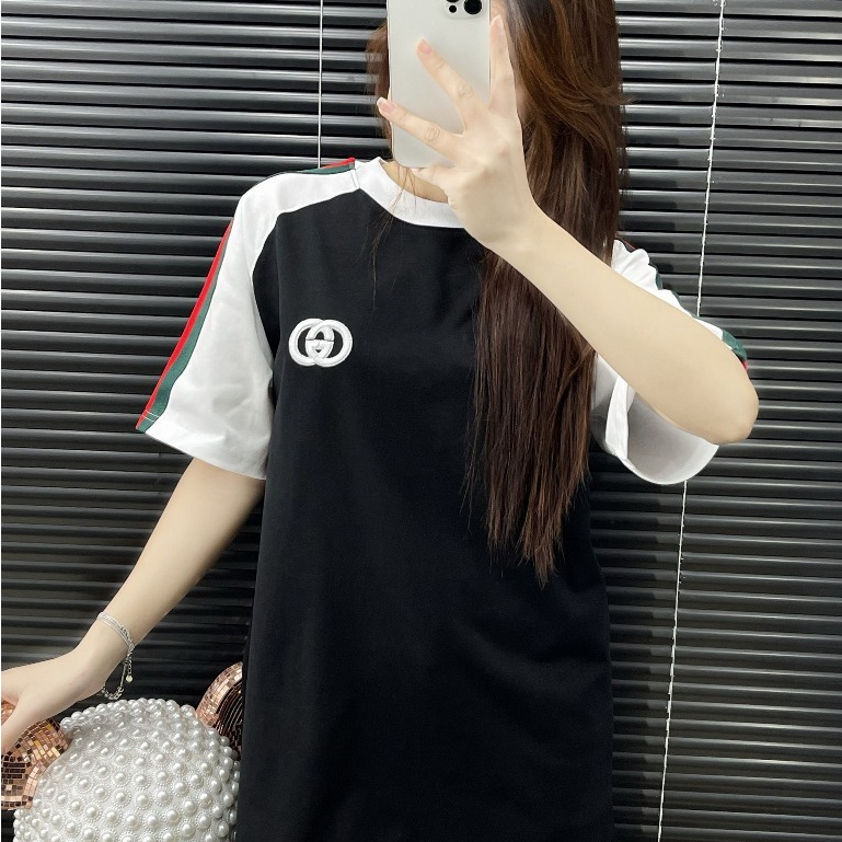 Áo Thun GC Logo Thêu Phối Tay Lệch Màu Kẻ Xanh Đỏ - Áo Phông Boy Phố Dày Dặn Phong Cách Hot Trend