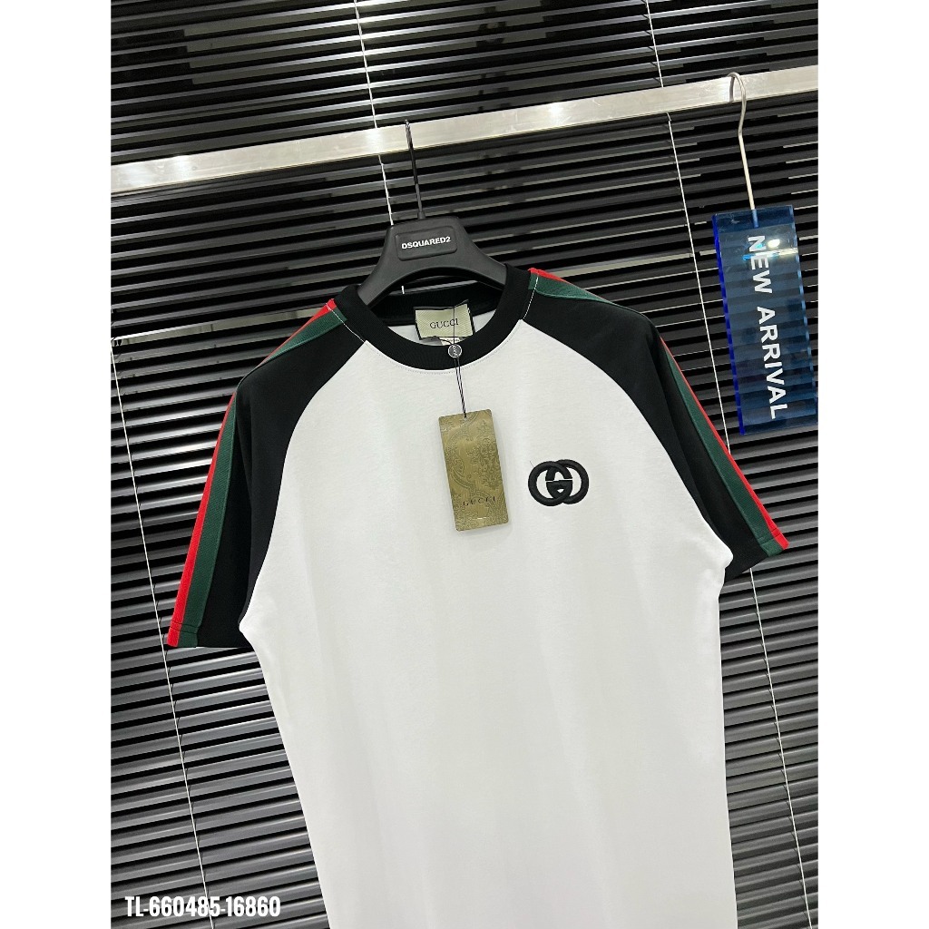 Áo Thun GC Logo Thêu Phối Tay Lệch Màu Kẻ Xanh Đỏ - Áo Phông Boy Phố Dày Dặn Phong Cách Hot Trend