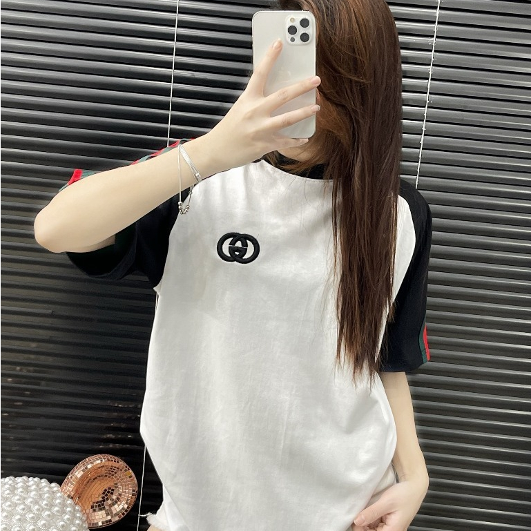 Áo Thun GC Logo Thêu Phối Tay Lệch Màu Kẻ Xanh Đỏ - Áo Phông Boy Phố Dày Dặn Phong Cách Hot Trend