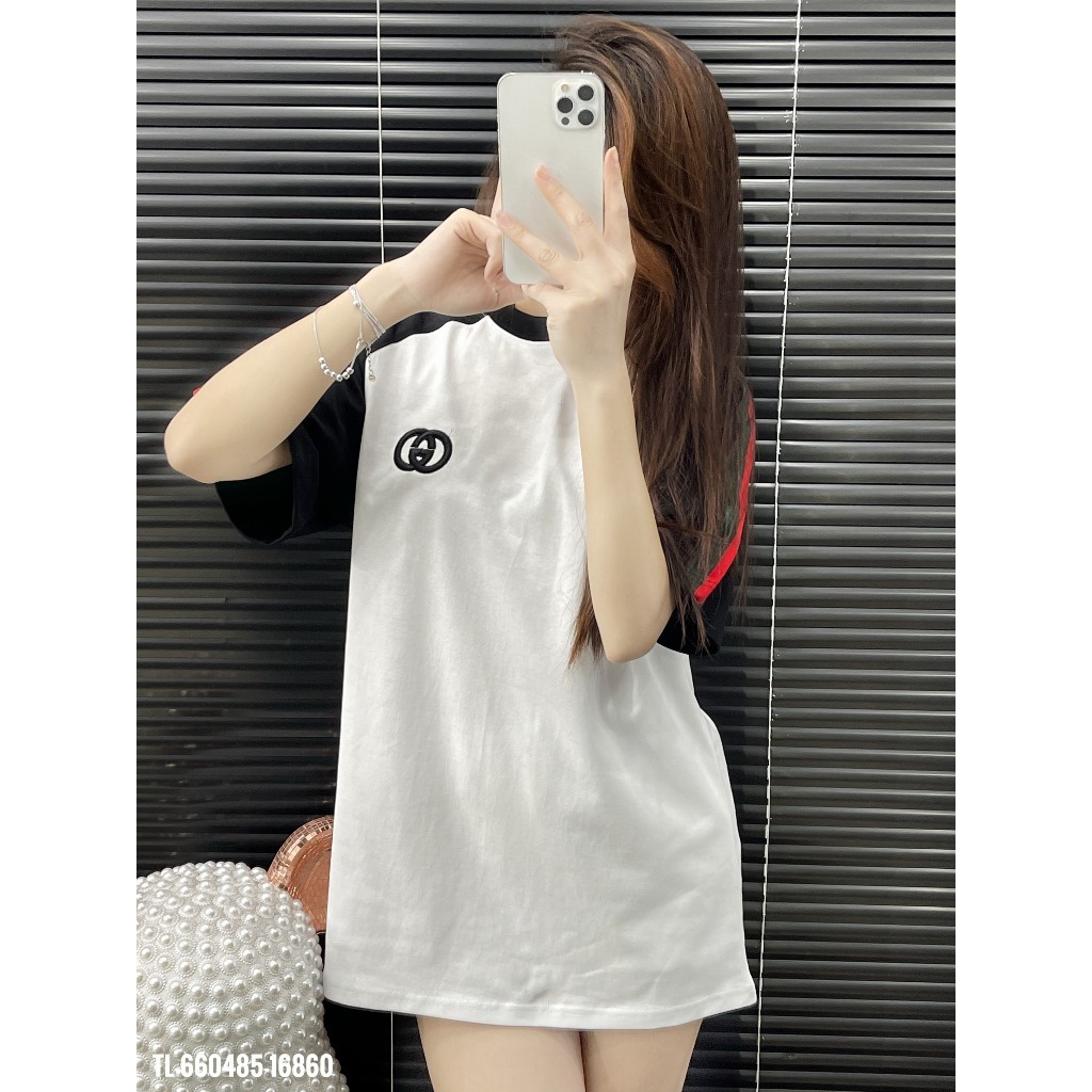 Áo Thun GC Logo Thêu Phối Tay Lệch Màu Kẻ Xanh Đỏ - Áo Phông Boy Phố Dày Dặn Phong Cách Hot Trend