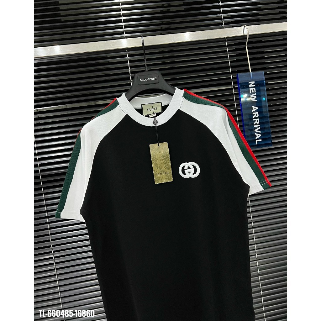 Áo Thun GC Logo Thêu Phối Tay Lệch Màu Kẻ Xanh Đỏ - Áo Phông Boy Phố Dày Dặn Phong Cách Hot Trend