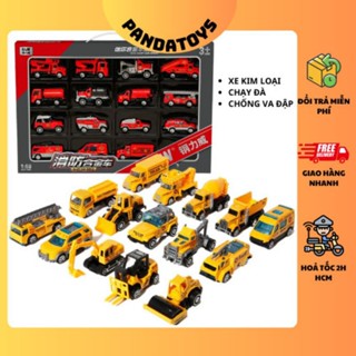 (XE SẮT)Hộp 15 xe hợp kim mini chạy đà, xe công trình, xe cứu hoả, xe quân đội, xe cảnh sát .
