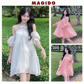 Váy voan hở vai cổ yếm đính nơ tay bồng dáng xoè ngắn 2 lớp - Đầm thời trang nữ tính xinh đẹp nhẹ nhàng - MAGIDO V150