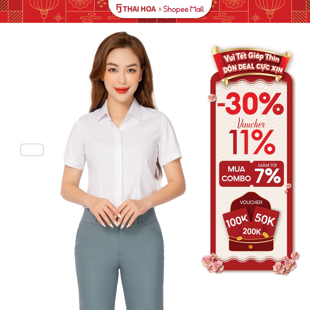 Áo sơ mi trắng nữ thiết kế công sở ngắn tay cổ đức vải sợi tre cao cấp 23ASW-218