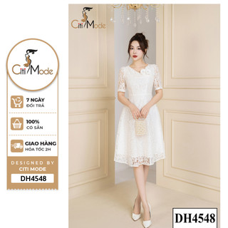 Đầm công sở CITI MODE FASHION thiết kế dáng xoè ren be cổ V đính hoa DH4548