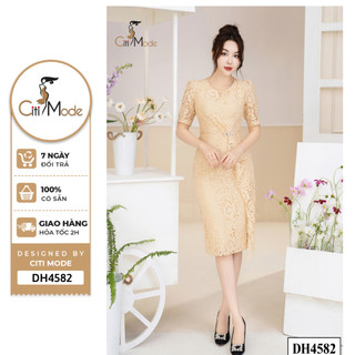 Đầm công sở CITI MODE FASHION thiết kế dáng ôm ren vàng nhún vạt hông đính cúc DH4582