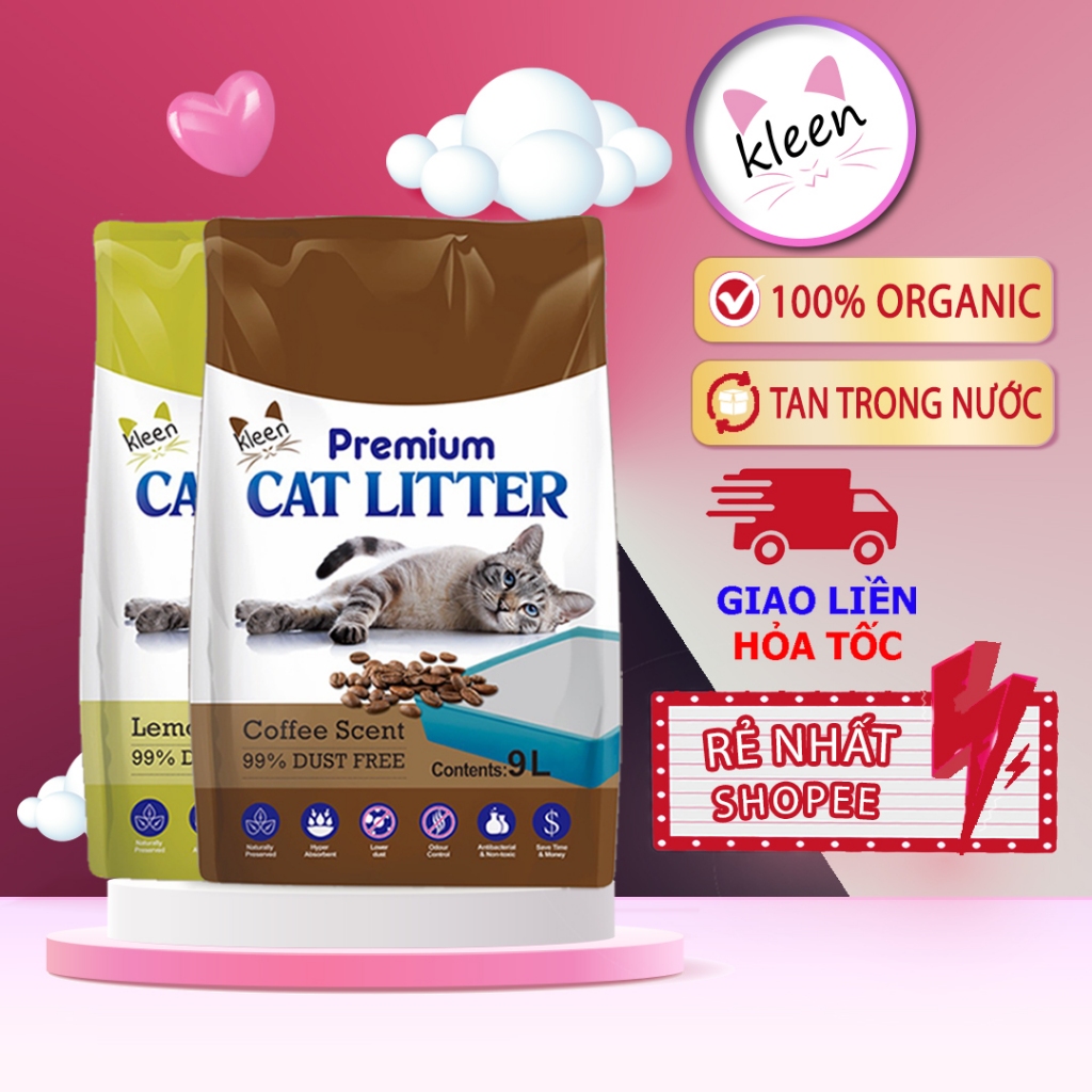 Combo 2 túi Cát Vệ Sinh Cho Mèo 9l - 4kg, Cát Mèo Vệ Sinh Khử Mùi Diệt Khuẩn Premium Cat Litter Kleen - CM02