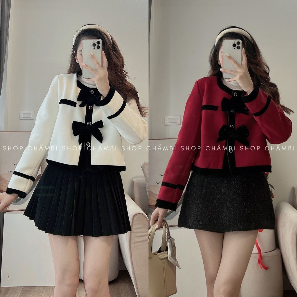Áo dạ nữ A.564, Áo khoác dạ cổ tròn dáng croptop dài tay có 2 nơ ngực phong cách tiểu thư - Shop Chấm Bi