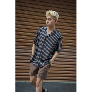 Áo sơ mi nam maru tay ngắn cổ danton. maru cuban shirt màu xanh đen sọc.